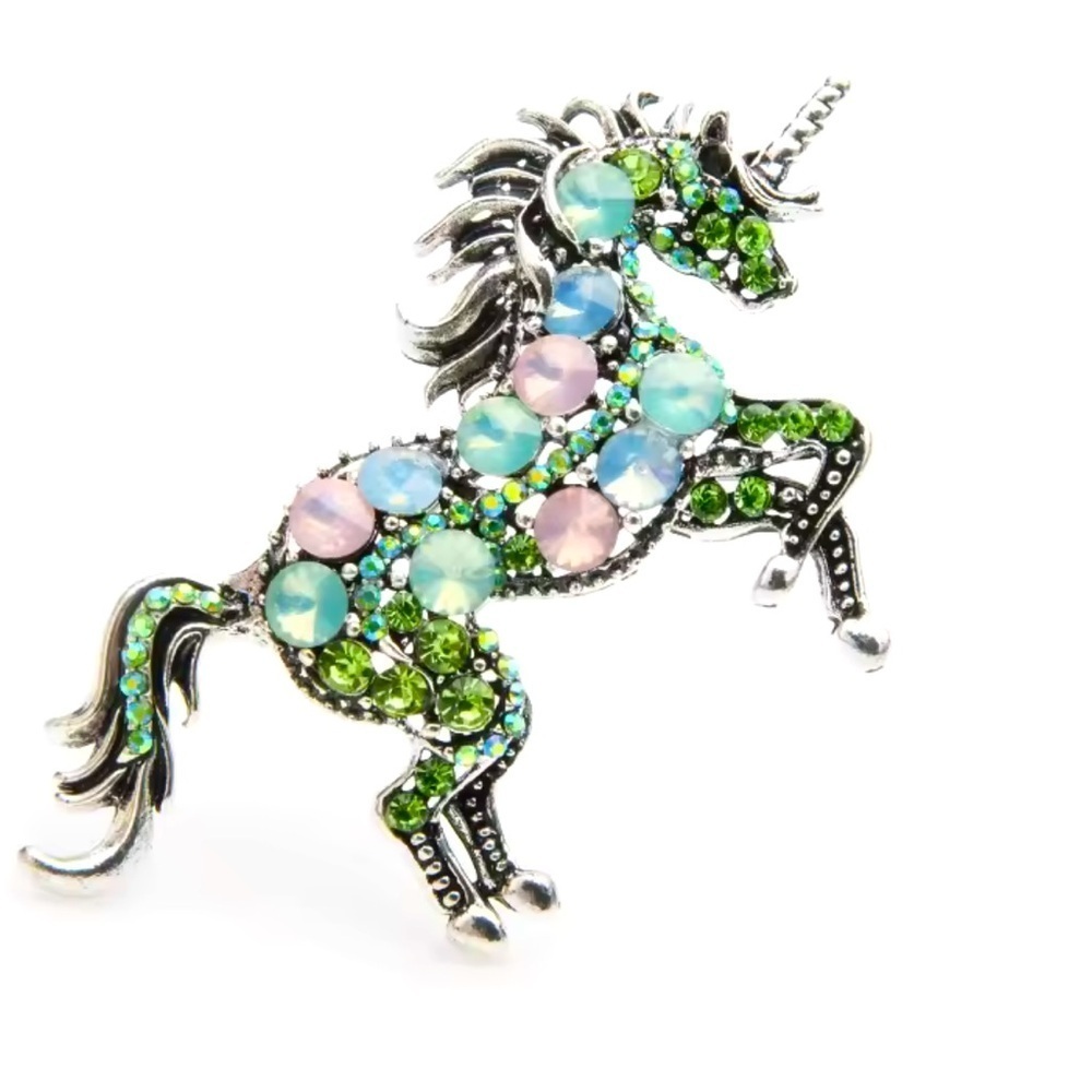Pegasus Unicorn Gemstone Crystals Silver Brooch